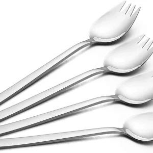 4-pack 18/10 Stainless Steel Sporks 7.4 Inches Long Handle Dessert Spoons Ice Cream Spoons Salad Forks Flatware Set Reusable Fruit Appetizer Dessert Forks for Household Use or Camping